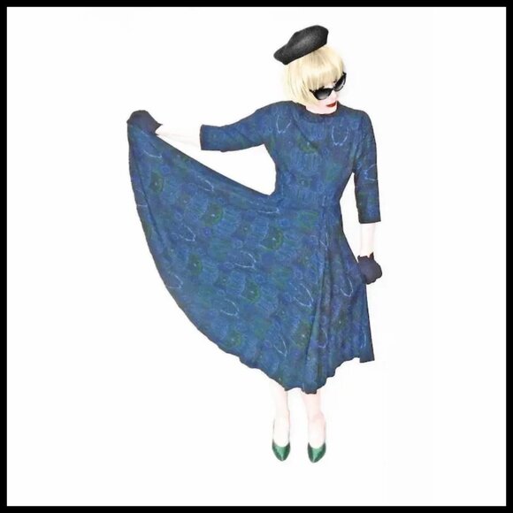 Vintage Circle Skirt Dress 50s Fit Flare New Look Frock, Dolman Sleeves - Picture 3 of 13
